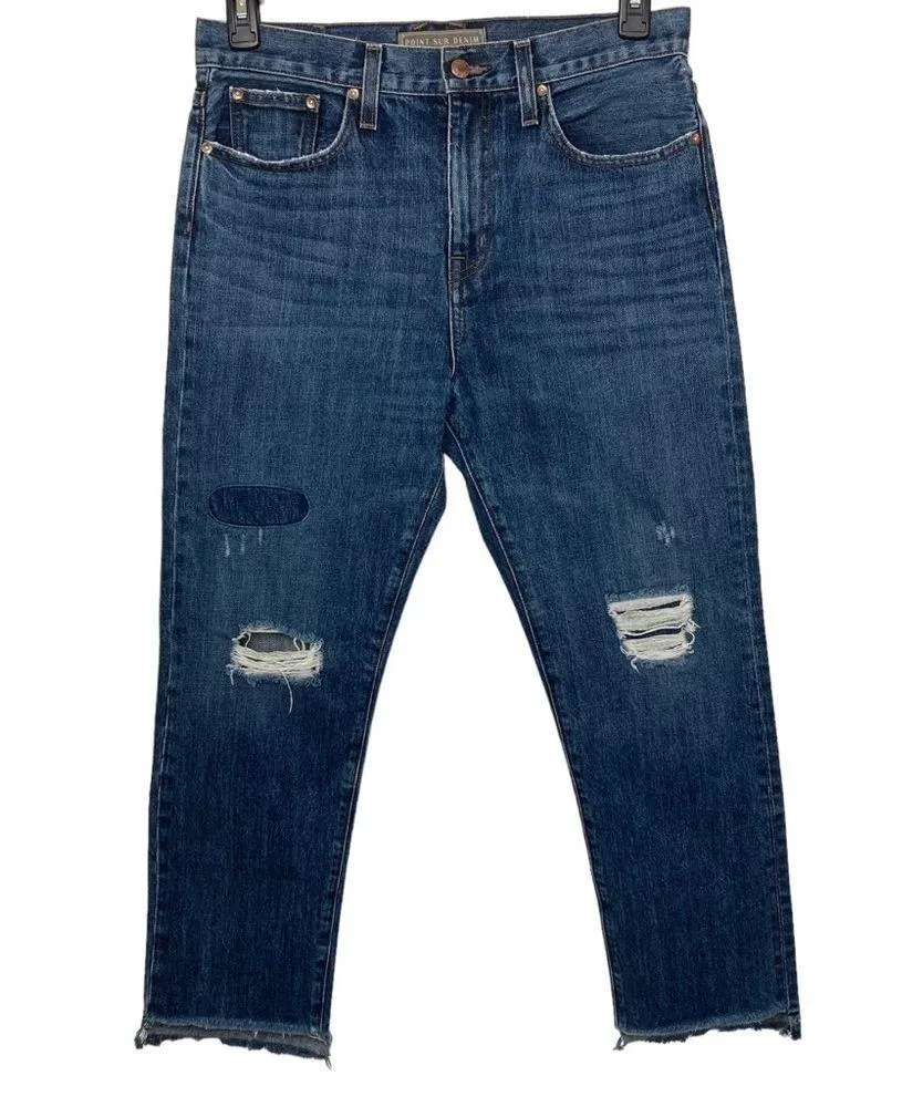 Point Sur Shoreditch Straight Leg Raw Hem Denim Jeans Patch Distressed sz 28 Blue - Image 3