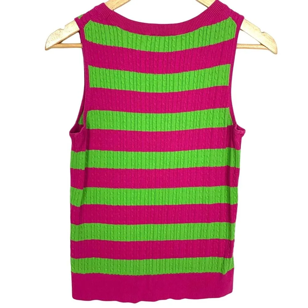 Vintage 90s Preppy Cable Knit Vest Pink Lime Stripe M Golf Academia Talbots - Image 5