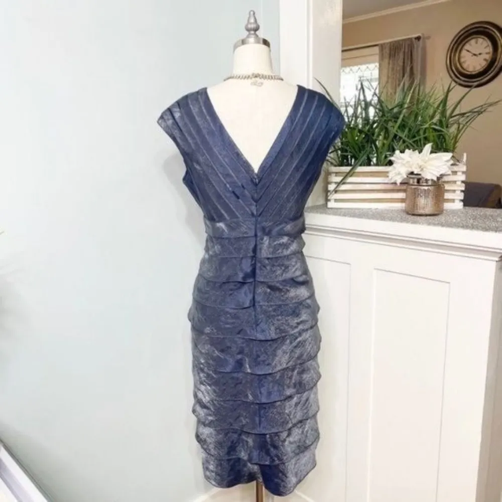 Adrianna Papell Blue Satin Shutter Pleat Tiered Layered Sheath Dress 4 - Image 6