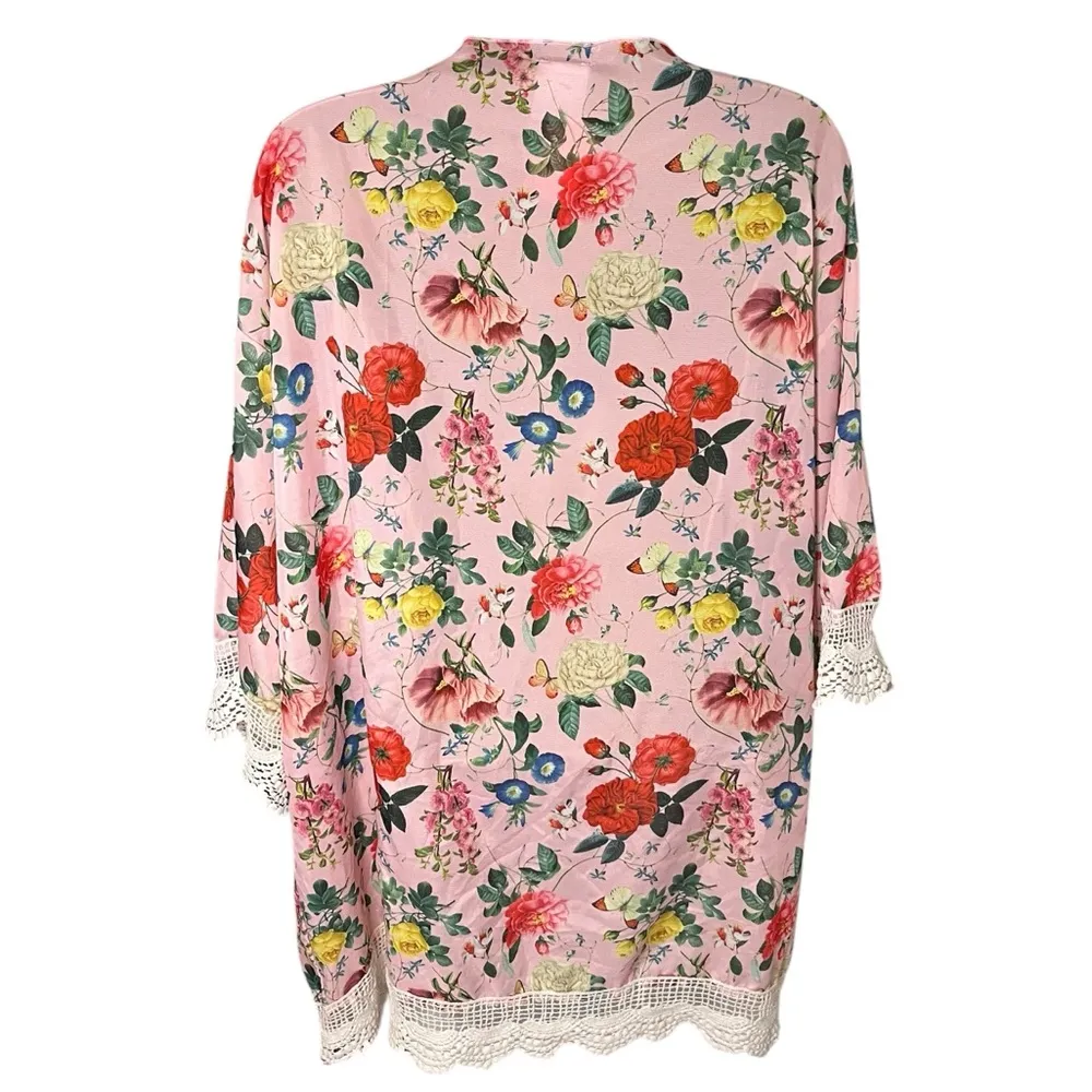 Kari Jobe Garden Collection Floral Duster Lace Trim Open Front Pink Combo OS Size undefined - Image 3