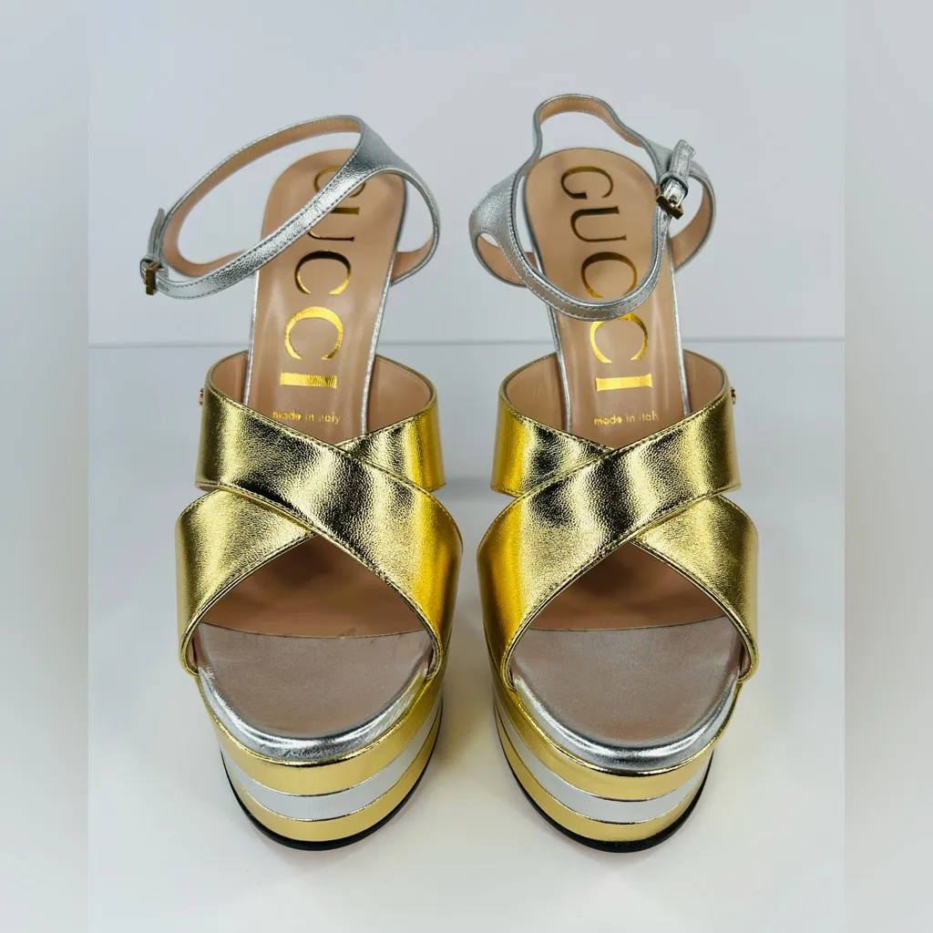 Gucci Crisscross Metallic Leather Straps Platform Heel Logo Sandals Size EU 39.5 - Image 5