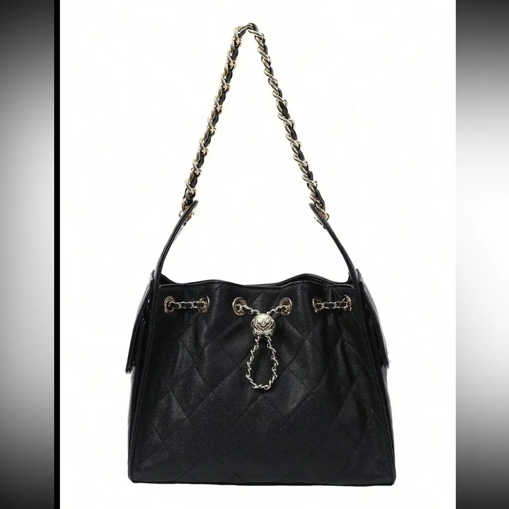 Black quilted faux leather shoulder bag purse with gold chain & gold accents - Image 6