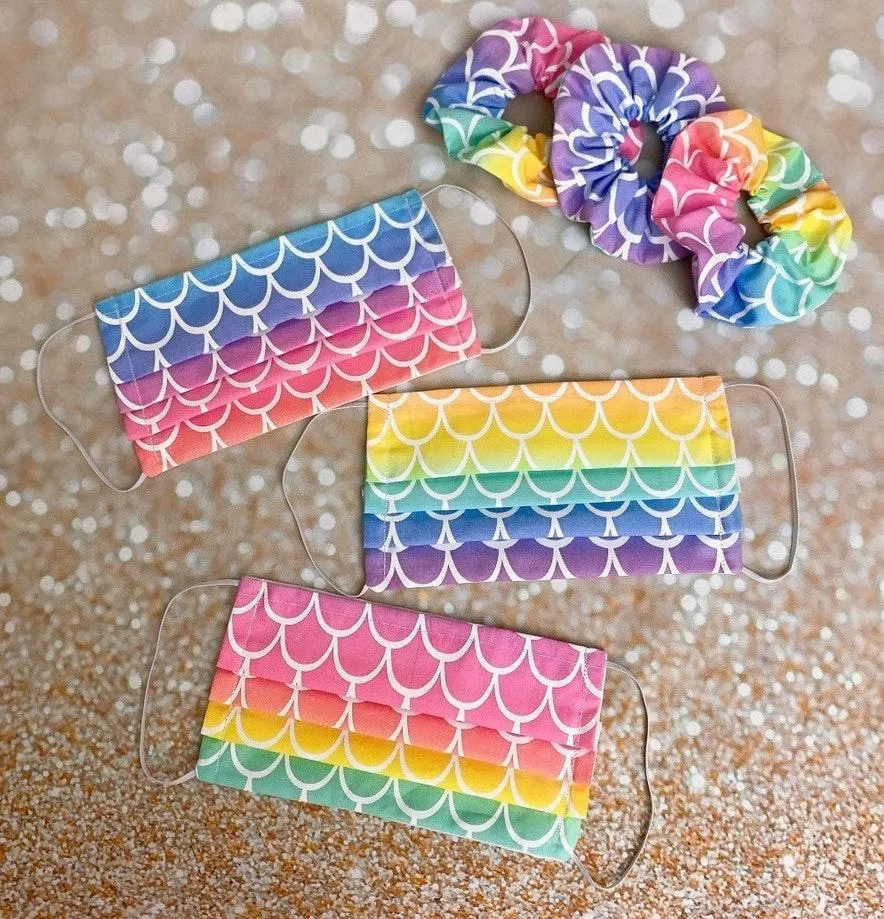 Rainbow Mermaid Fish Scale 100% Premium Cotton Face Mask With Scrunchie Multiple - Image 3