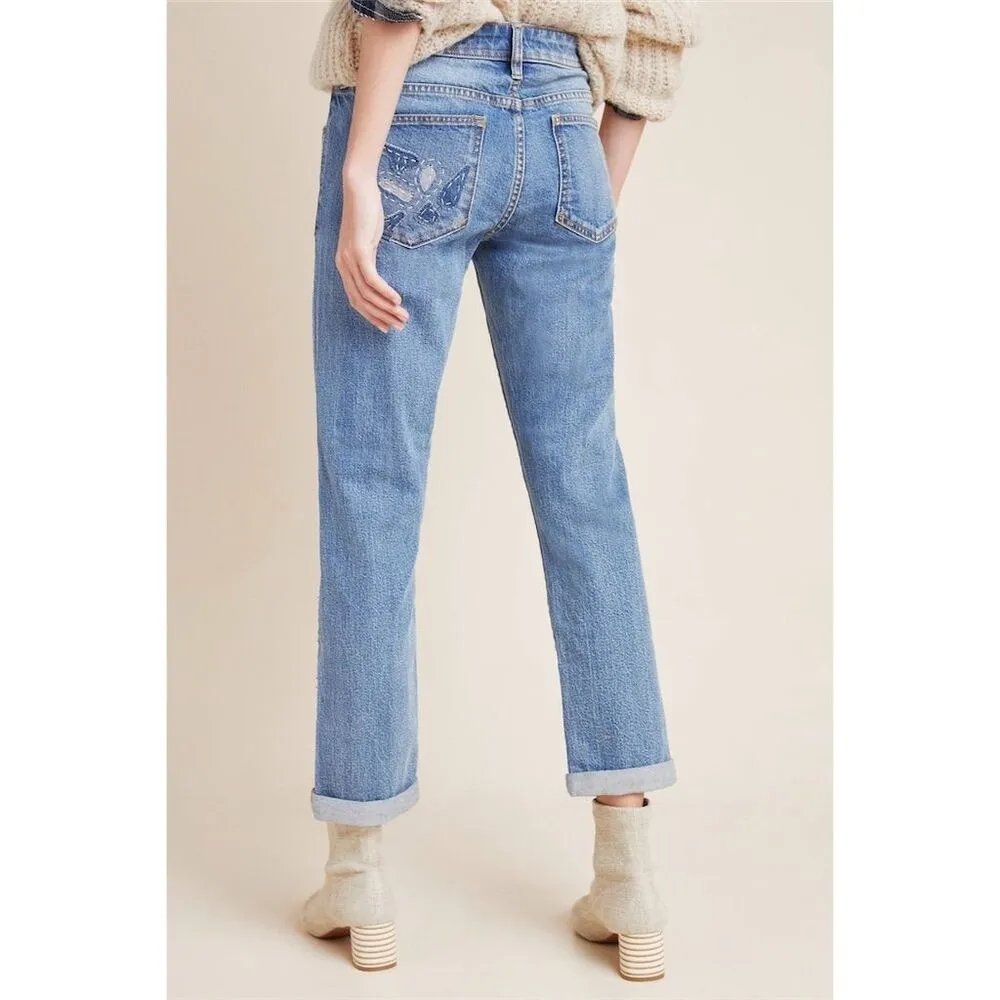 Anthropologie Pilcro  Embroidered Patchwork Slim Boyfriend Jeans, size 26 - Image 2