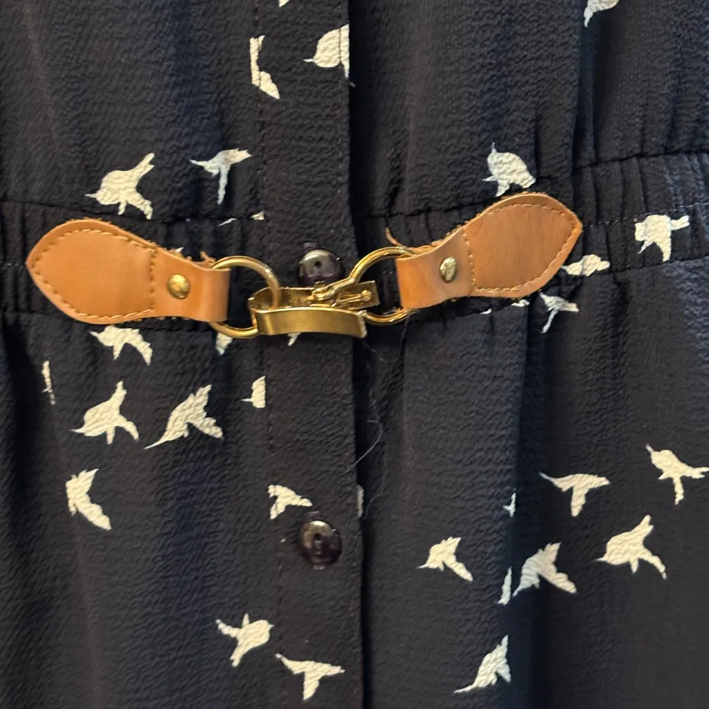 Always Indigo Navy Bird Print Shirt Dress 3X Button Front Faux Belt Blue - Image 6