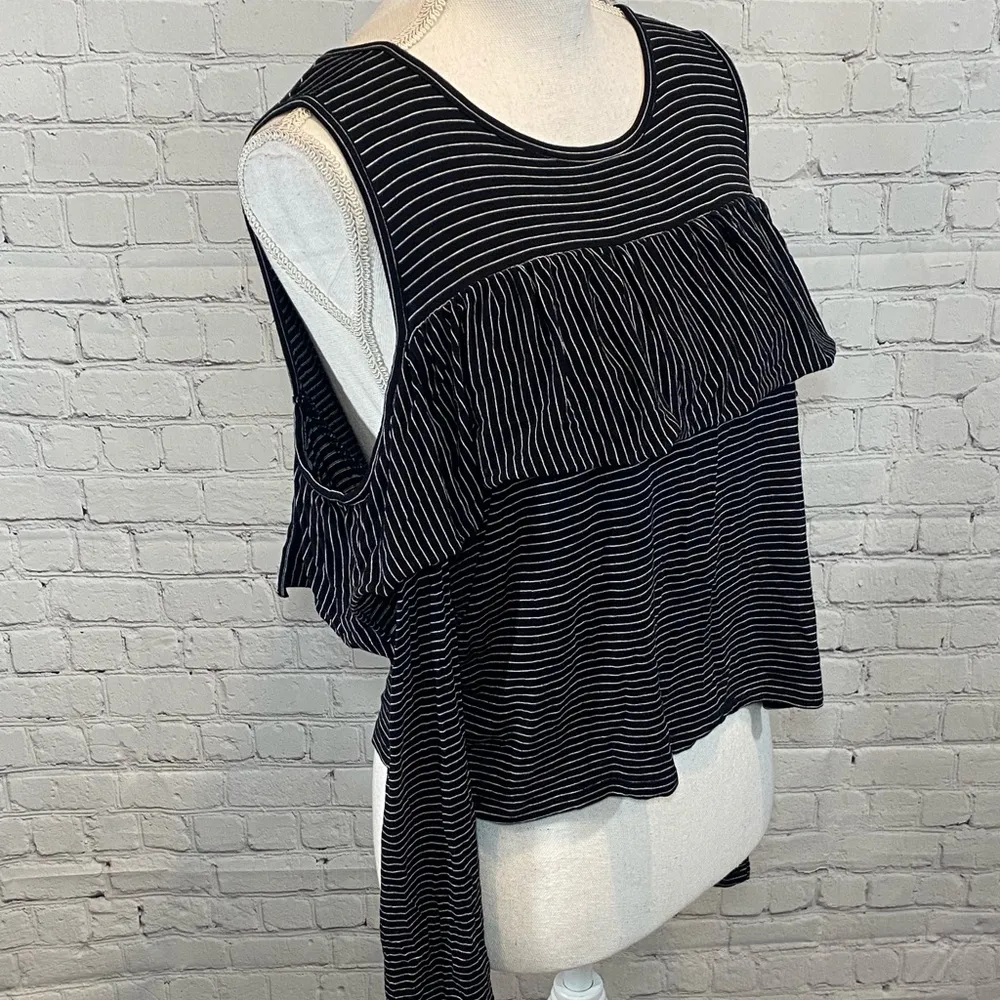 FOREVER 21 Long Sleeve Tee Cold Shoulder Ruffle Front Black Stripe-Large - Image 2