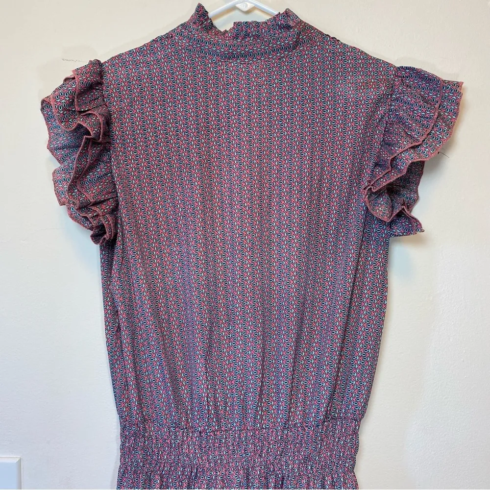 Perry Walker | Cornelia II Ruffle Sleeve Tiered Midi Dress Silk Pink/Blue Sz 6/8 Pink - Image 11