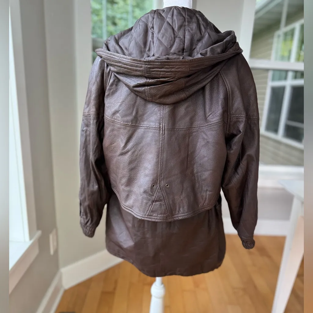 Vintage GIII Brown Genuine Leather Jacket Hooded Anorak Trench Coat Sz Small - Image 3