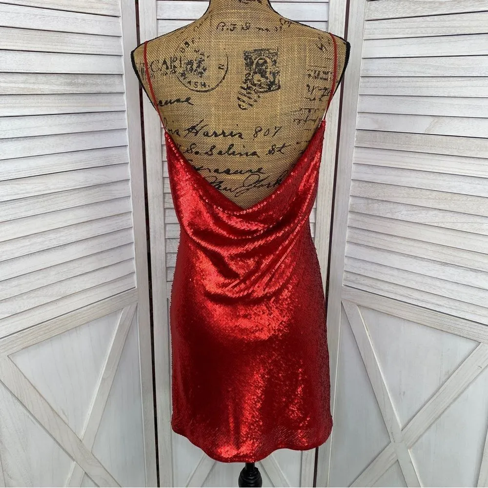 Zara Sequin Cowl Back Cocktail Mini Slip Dress Red Small - Image 7