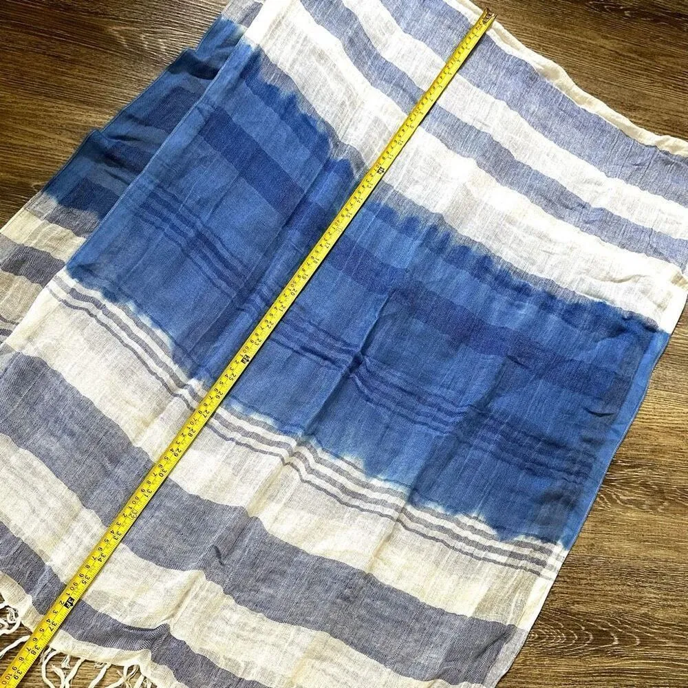 Caslon blue and white long striped linen blend fringed scarf NWT - Image 5