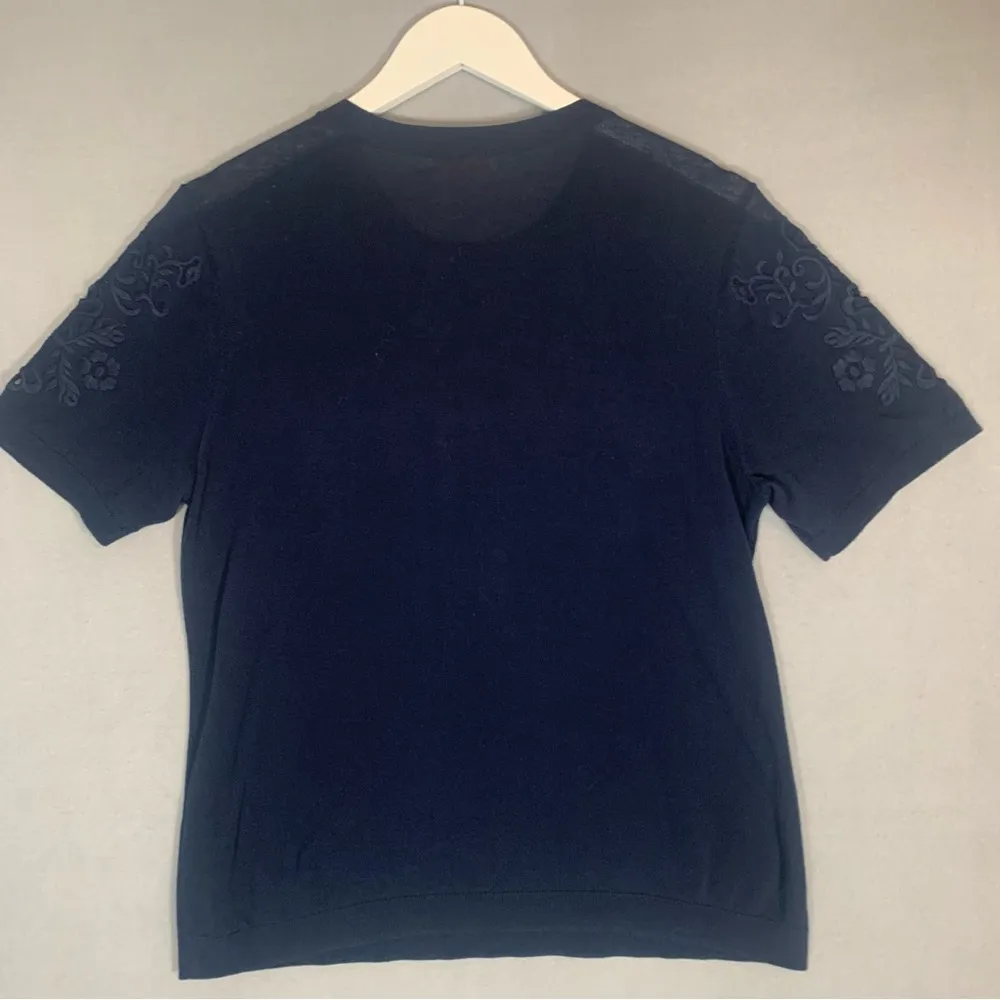 Tory Burch Womens Medium Romantic Embroidered Cotton Knitted Top Navy Blue - Image 3