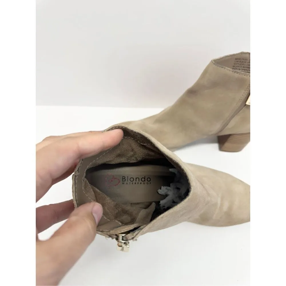 Blondo Booties Size 8 Tan Cow Suede Ankle‎ Boots Block Heel Pull On Side Zip - Image 7