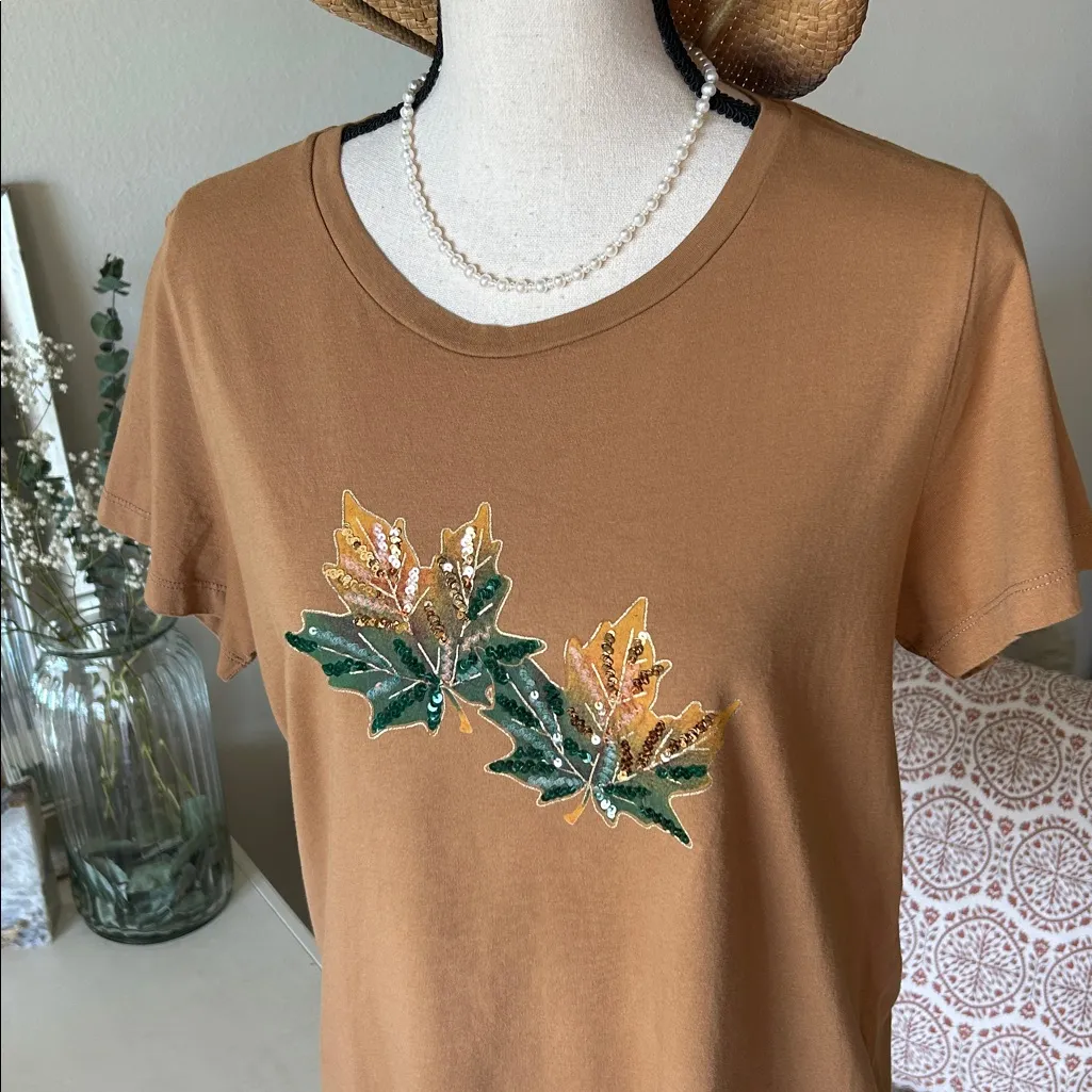 J. crew fall sequin leaf collectors Tee cotton tan, brown, green tee shirt L - Image 2