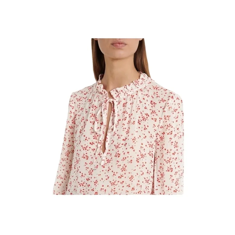 GANNI Blouse Long Sleeve Red Floral Cream Crepe Georgette Ruffle Collar - Image 5