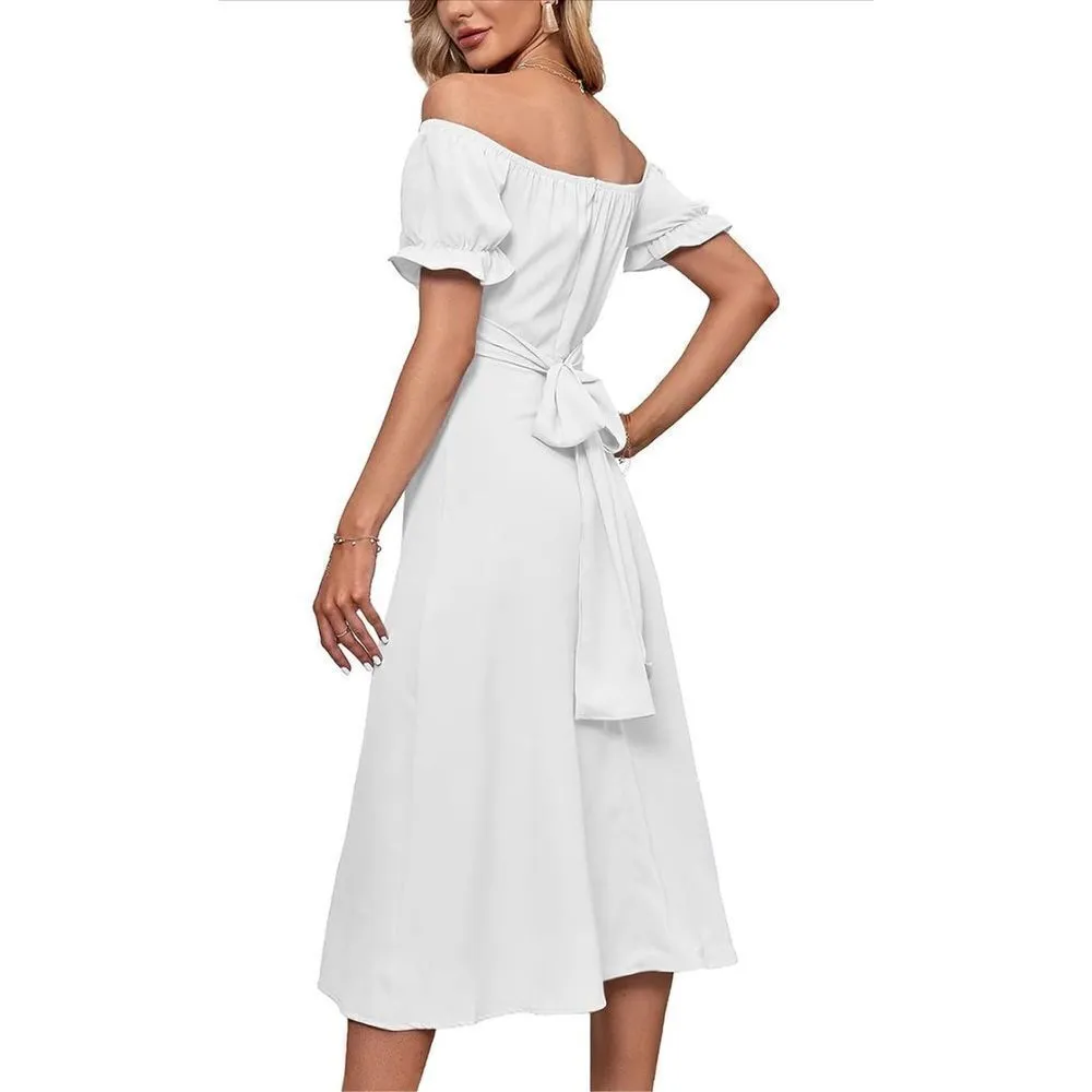 NEW Off Shoulder Ruffle Puff Sleeve Ruched Tie Back Dress XL White - Image 8