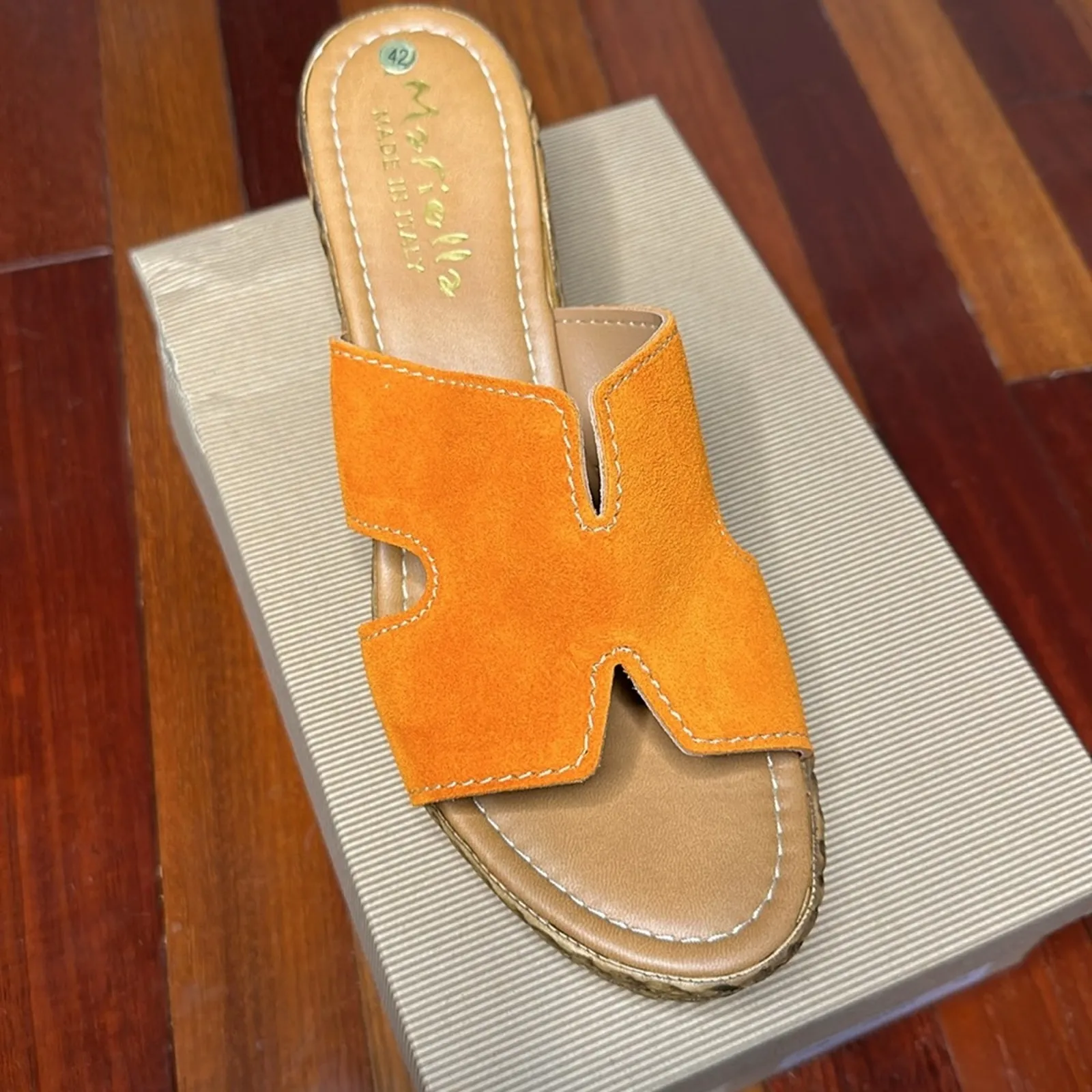Mariella ORANGE Wedge Shoes Suede H Band Sandals Vacation Italian Size 10 - Image 5