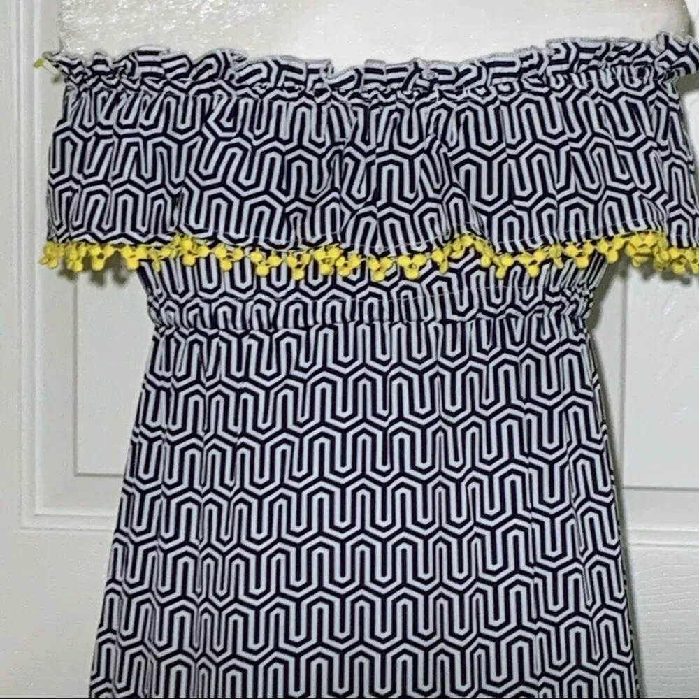 Mud Pie Maxi Dress Blue White Pattern Yellow Tassels Strapless Flowy Dress Small - Image 6
