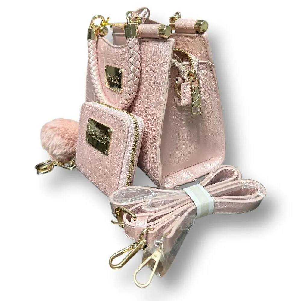 Bebe Alexandra Mini Satchel Gift Set Blush Shine Pink Logo‎ Faux Leather NWT - Image 8