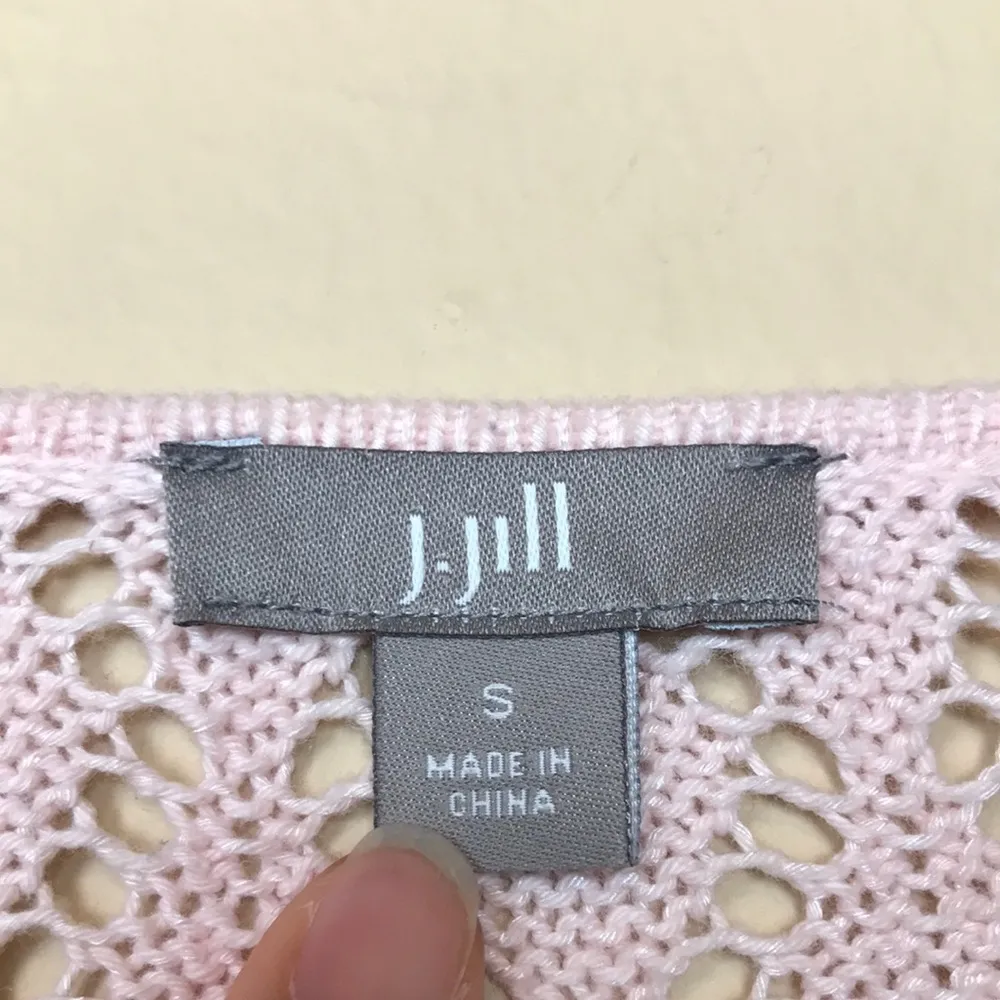 J. Jill Women’s Linen Blend Knit Crochet Open Drape Front Pink Cardigan Sweater - Image 7