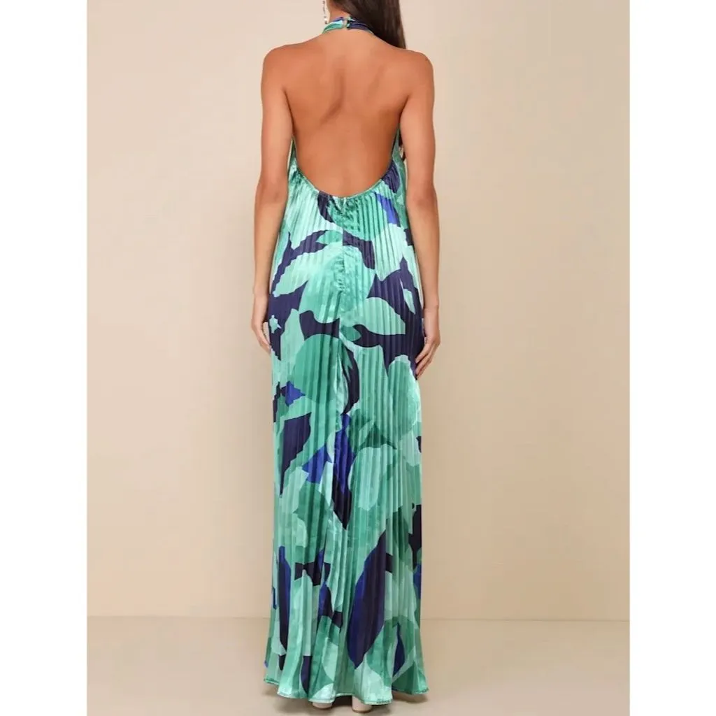 NWT Lulus Women's Prime Poise Green and Blue Abstract Satin Halter Maxi Dress S - Image 3