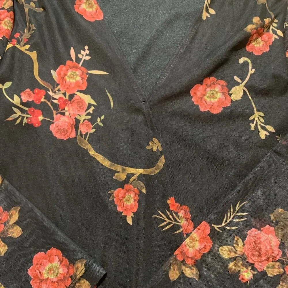 Vero Moda Blouse Top Black Orange Floral Surplice Long Sleeve Top Medium - Image 6