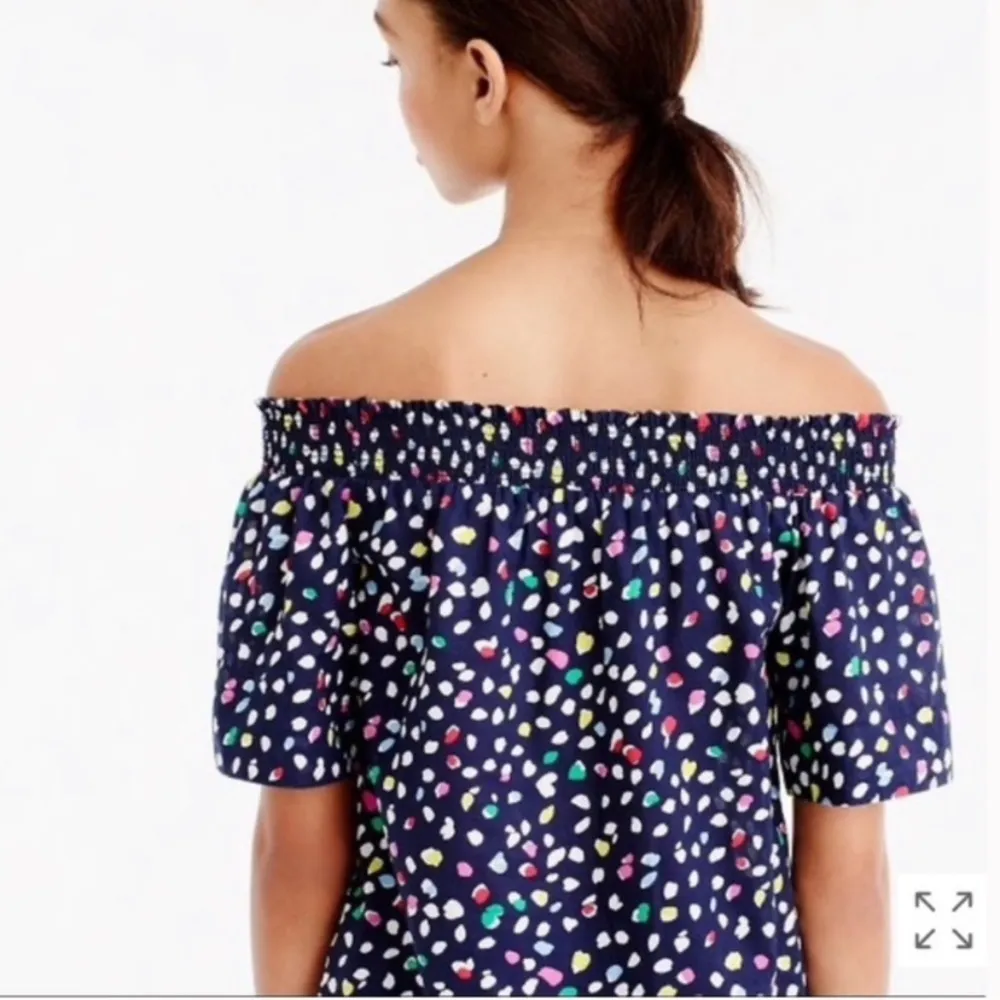 J. Crew Smocked Neck Off the Shoulder Top in Ratti Happy Cat Rainbow Spot‎ Print - Image 6
