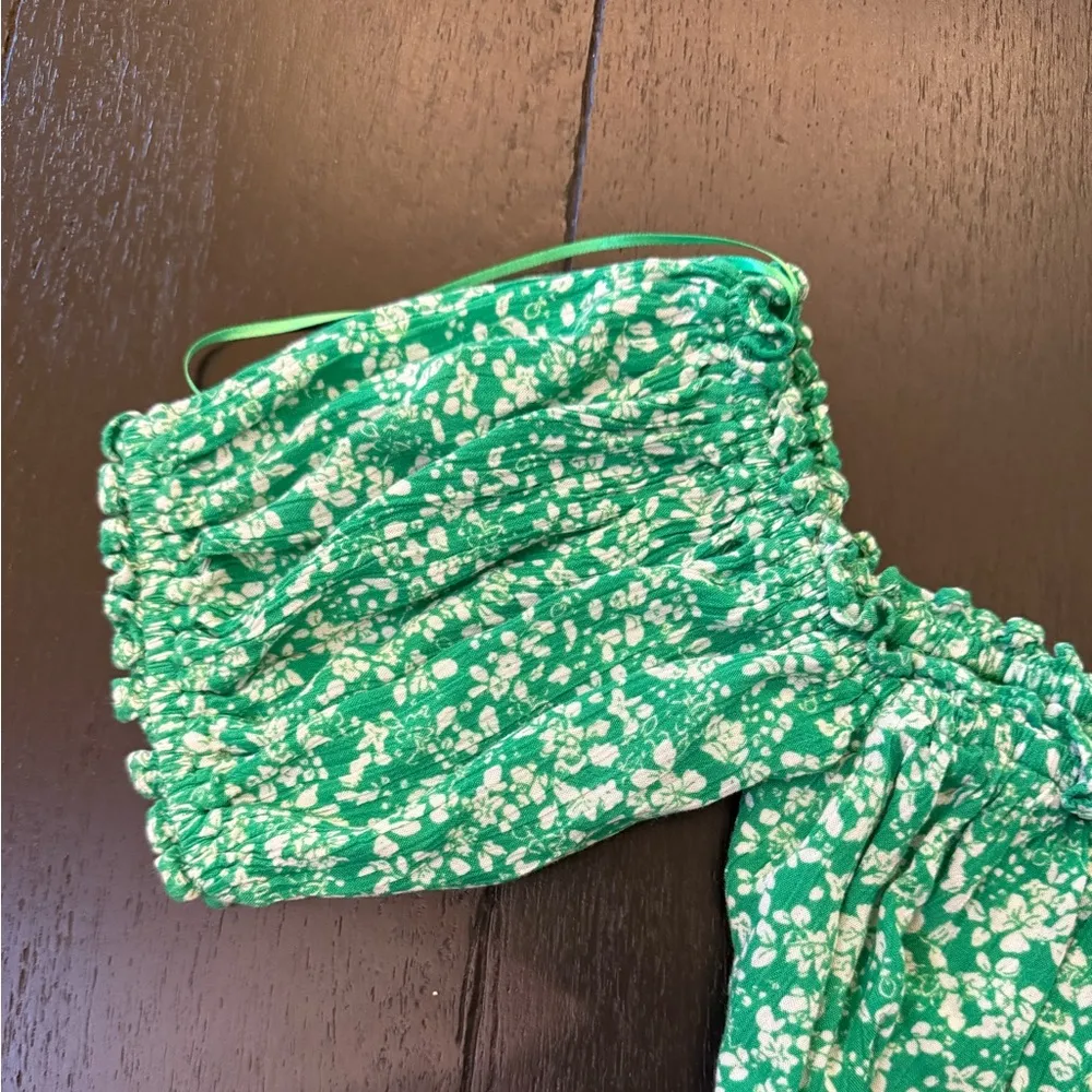 Zara Green & White Floral Flower Off the Shoulder Top Size Small (Set Available) - Image 4