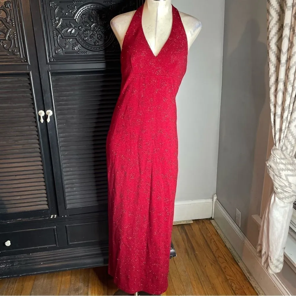 Vintage Y2K Red‎ Glitter Metallic Whimsigoth Dark Fairy Halter Prom Slit Dress M - Image 2