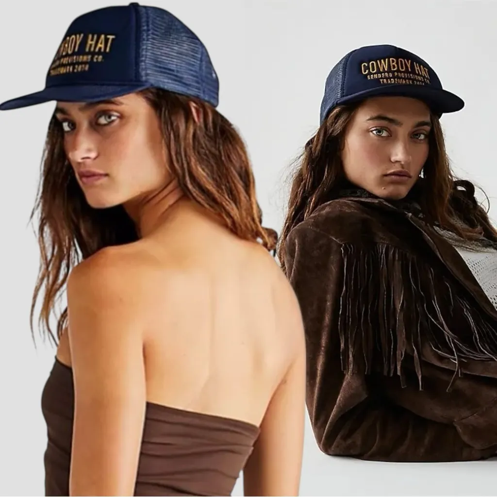 Free People Western Bohemian Cowboy Baseball Trucker Hat Marine Navy NWT HTF - Image 3