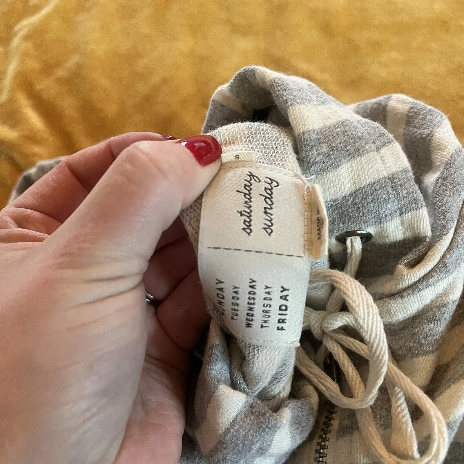 Saturday Sunday Ruffle Striped Full Zip Hoodie Gray Cream Size Small EUC - Image 10