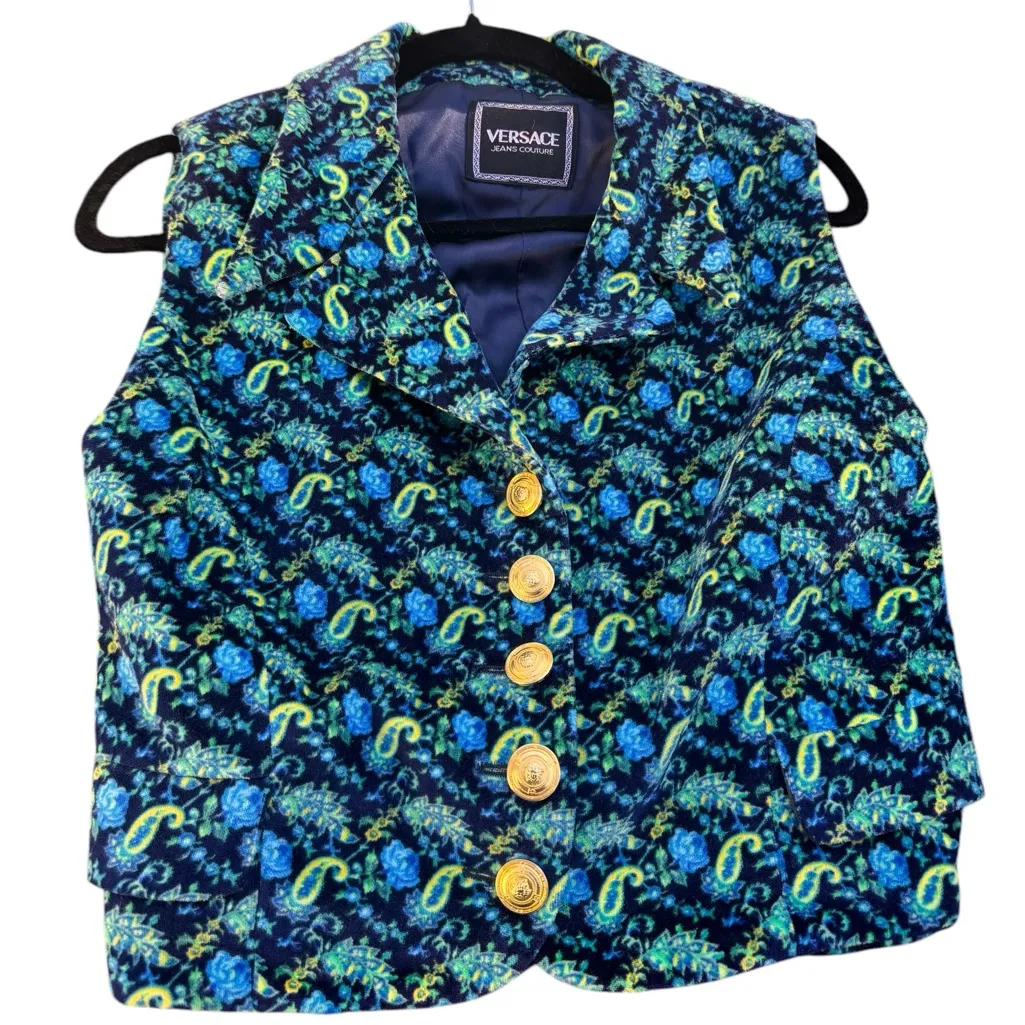Versace Jeans Couture Vintage Cropped Paisley Baroque Vest Gold Medusa Buttons Blue Size XS - Image 3