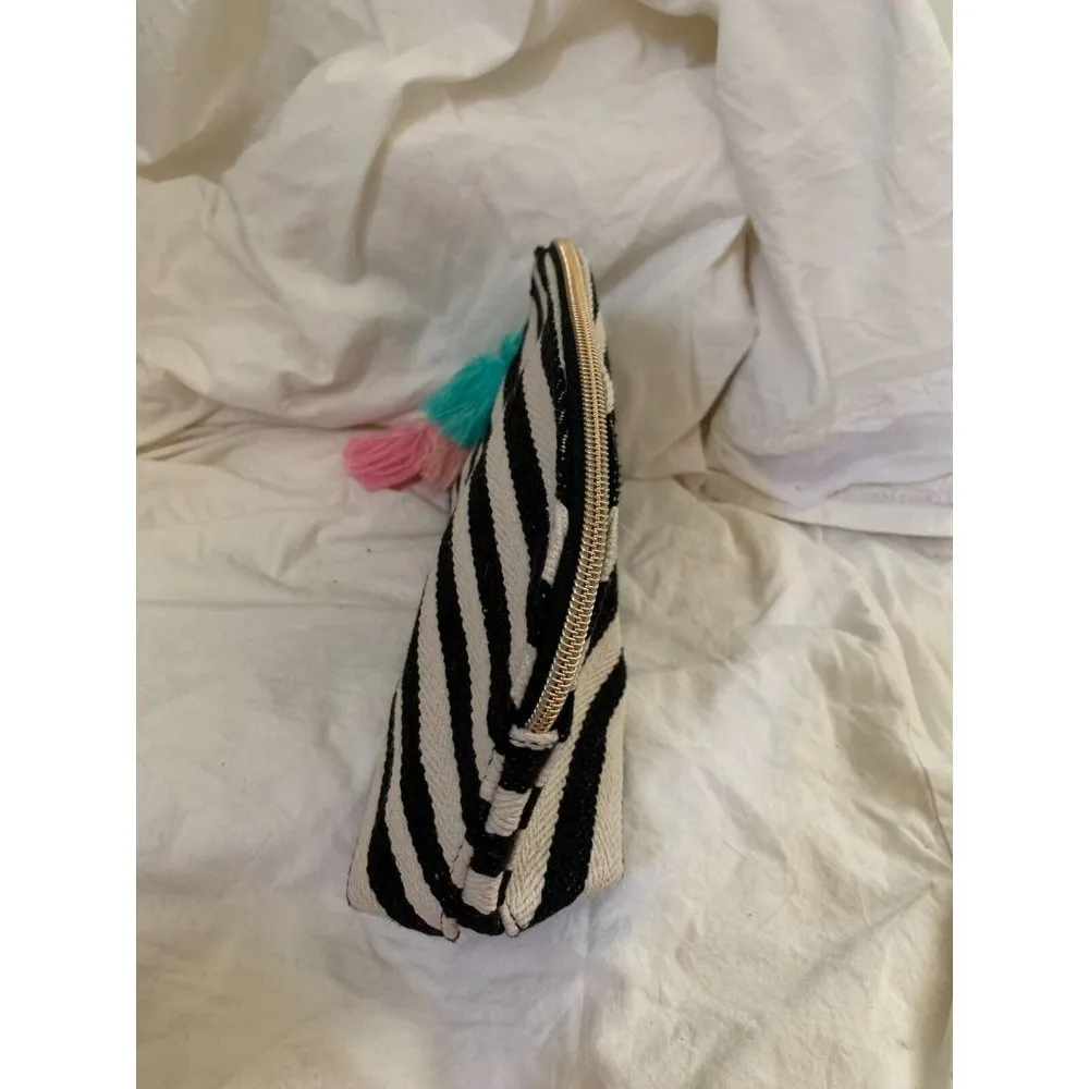 Ecru Cosmetic Essentials Clutch Bag Black Striped Tassels Top Zip Pastel Tassels - Image 4