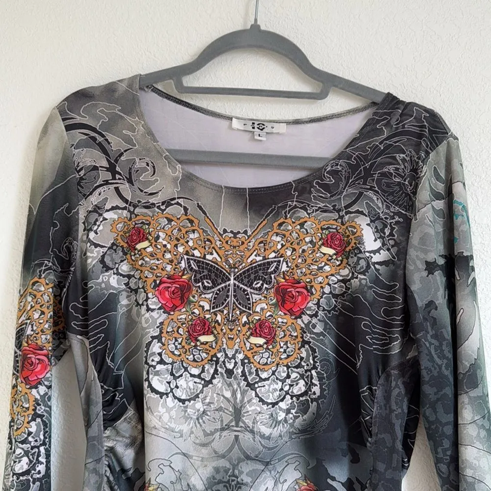 IQ Paris y2k butterfly graphic side rouched blouse Gray Size L - Image 4
