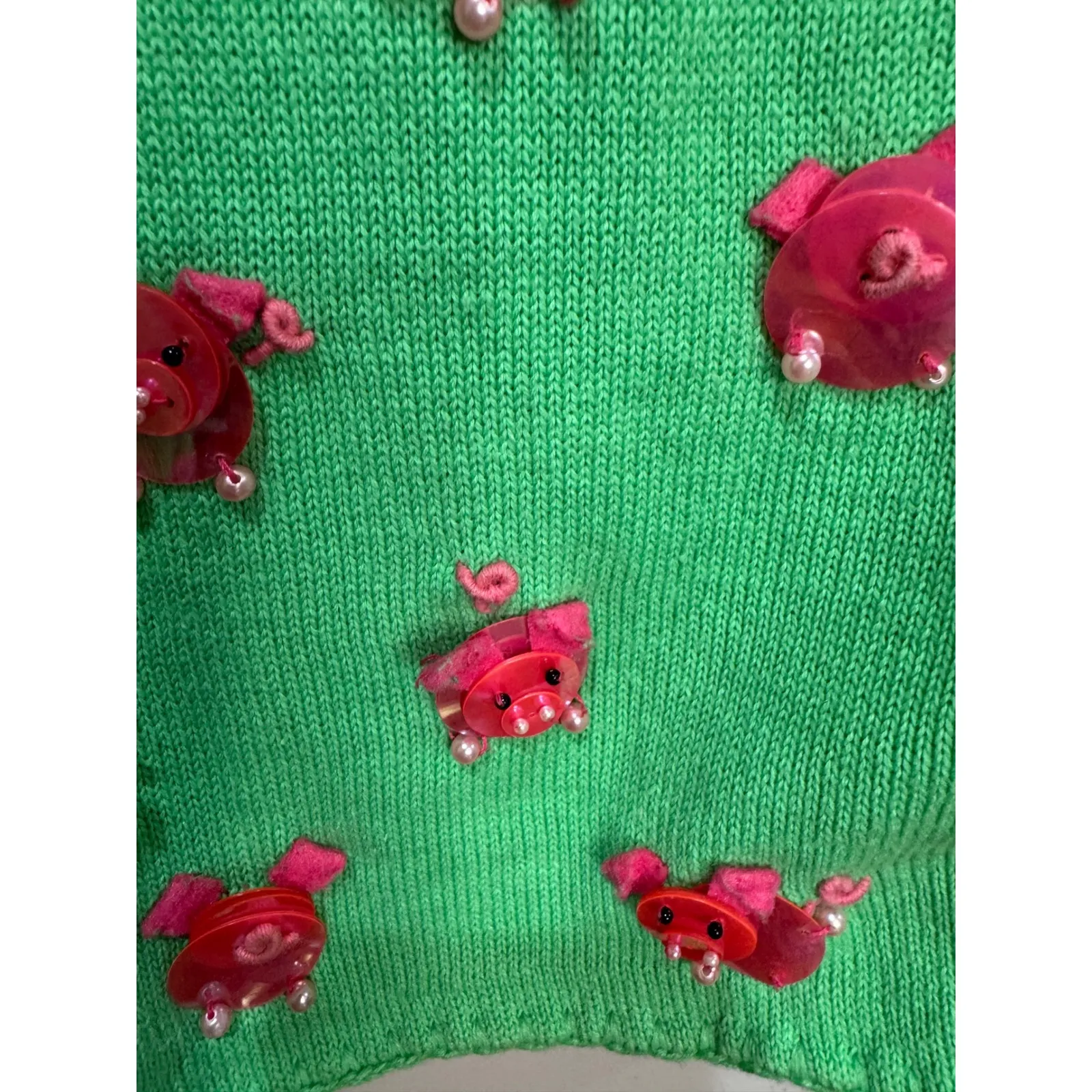 Michael Simon Pig Applique Green Cardigan Sz L Size L - Image 11