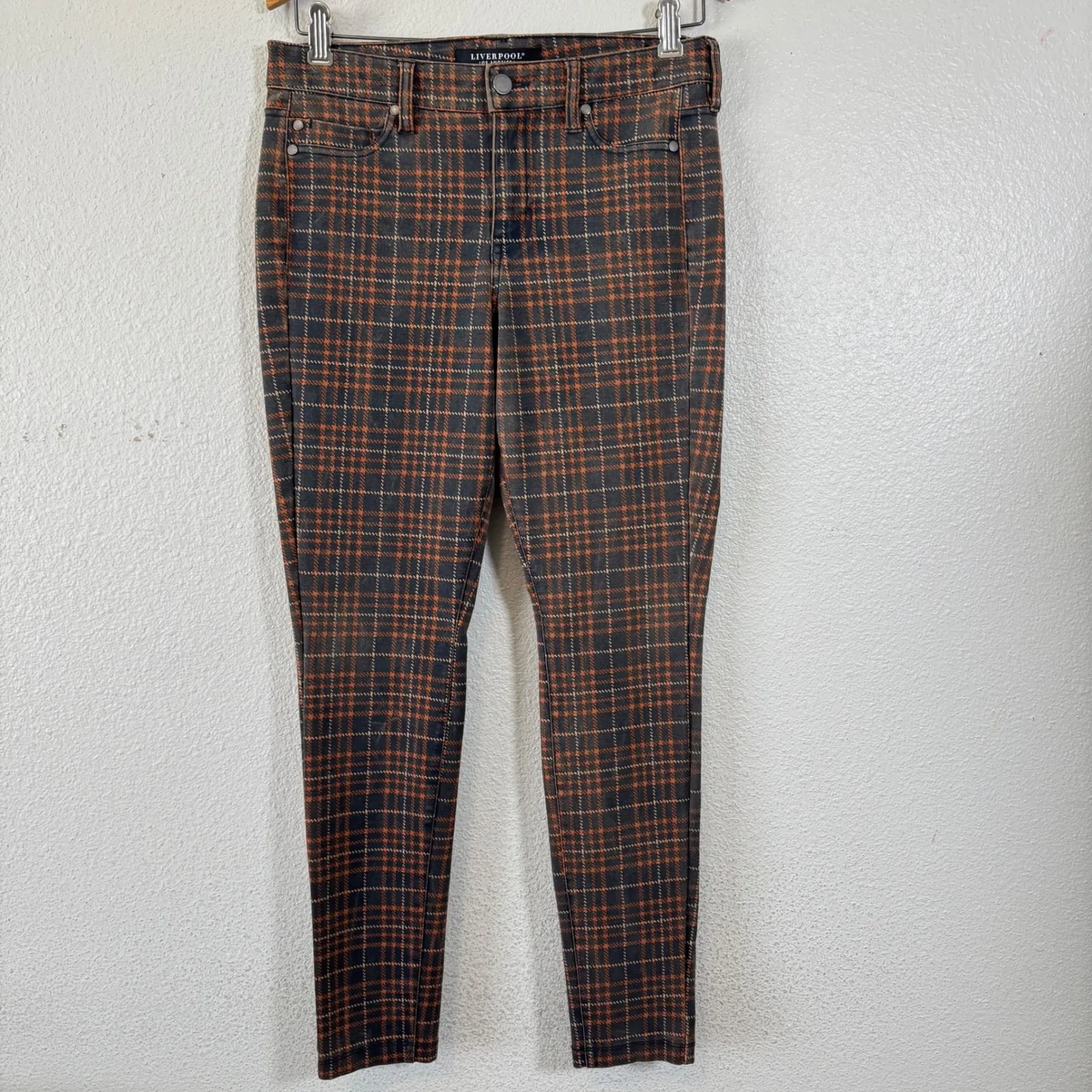 Liverpool Los Angeles Women's Plaid Skinny Pants Size 6 28 Brown Orange‎ Blue - Image 8