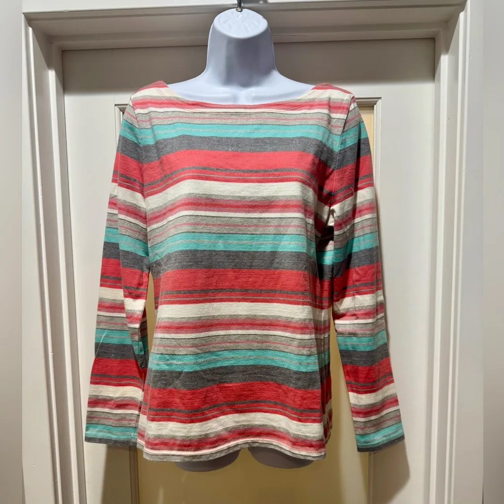 Talbots L Striped Long Sleeve Top Cotton Metallic Thread - Image 2