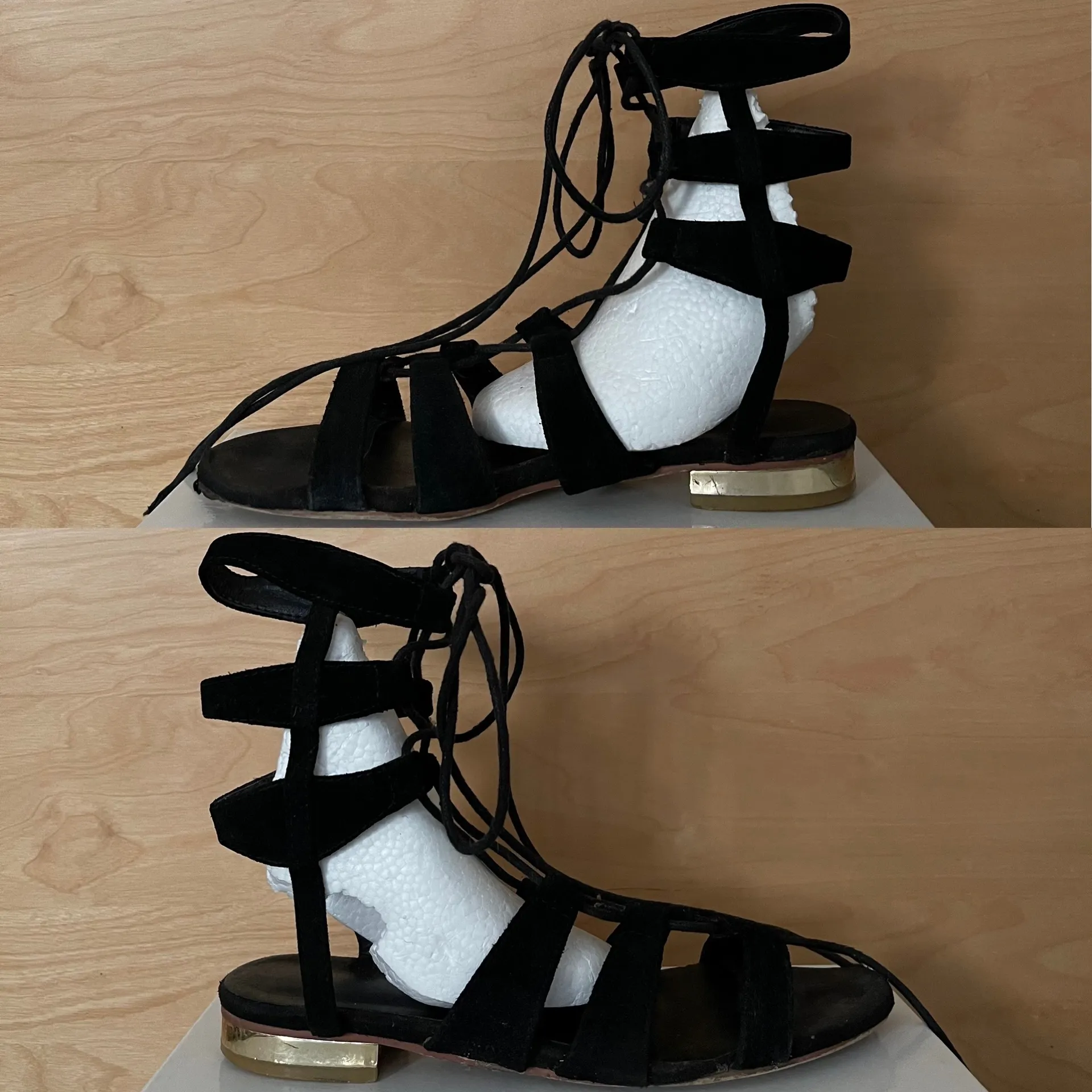 Black Faux Suede Lace Up Gladiator Boho Bohemian Sandals - Image 2