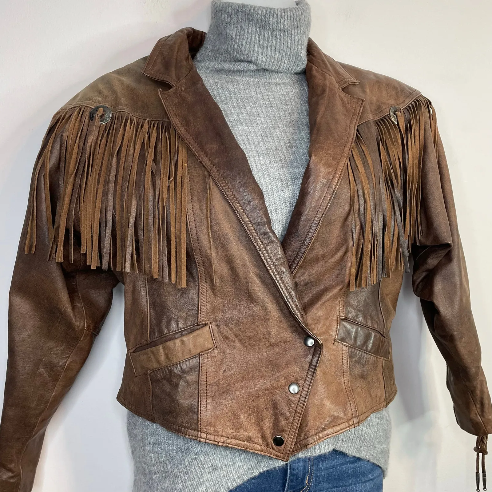 Vintage 80s Western Leather Jacket Fringe Laced Brown Boho Rodeo Cowboy Biker L Size L - Image 14
