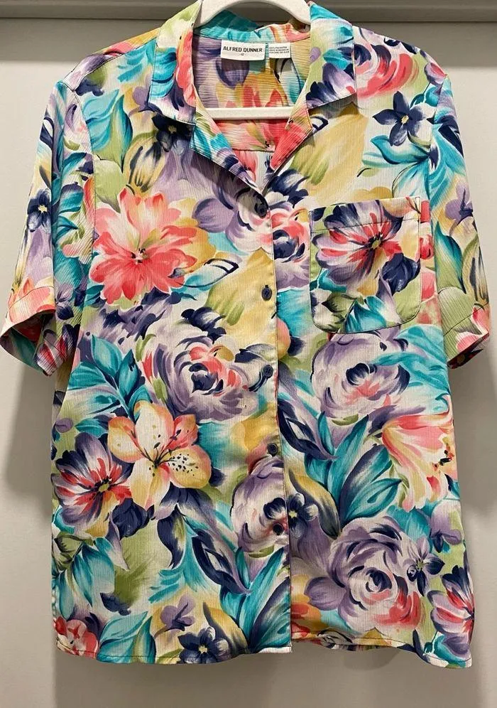 VTG 90s 80s Alfred Dunner Colorful Floral Button-Up Short Sleeve Blouse Top - 12 - Image 7