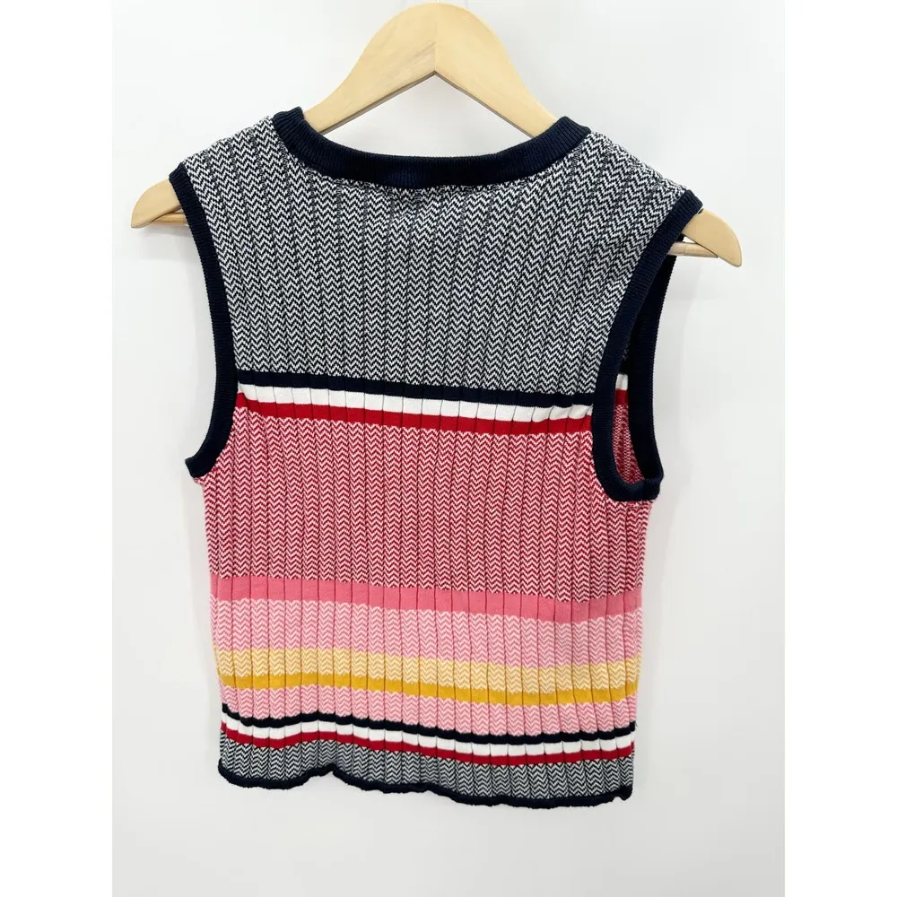 Tommy Jeans Sweater Women XL Black White Pink Yellow Striped Sleeveless Tank Top - Image 2