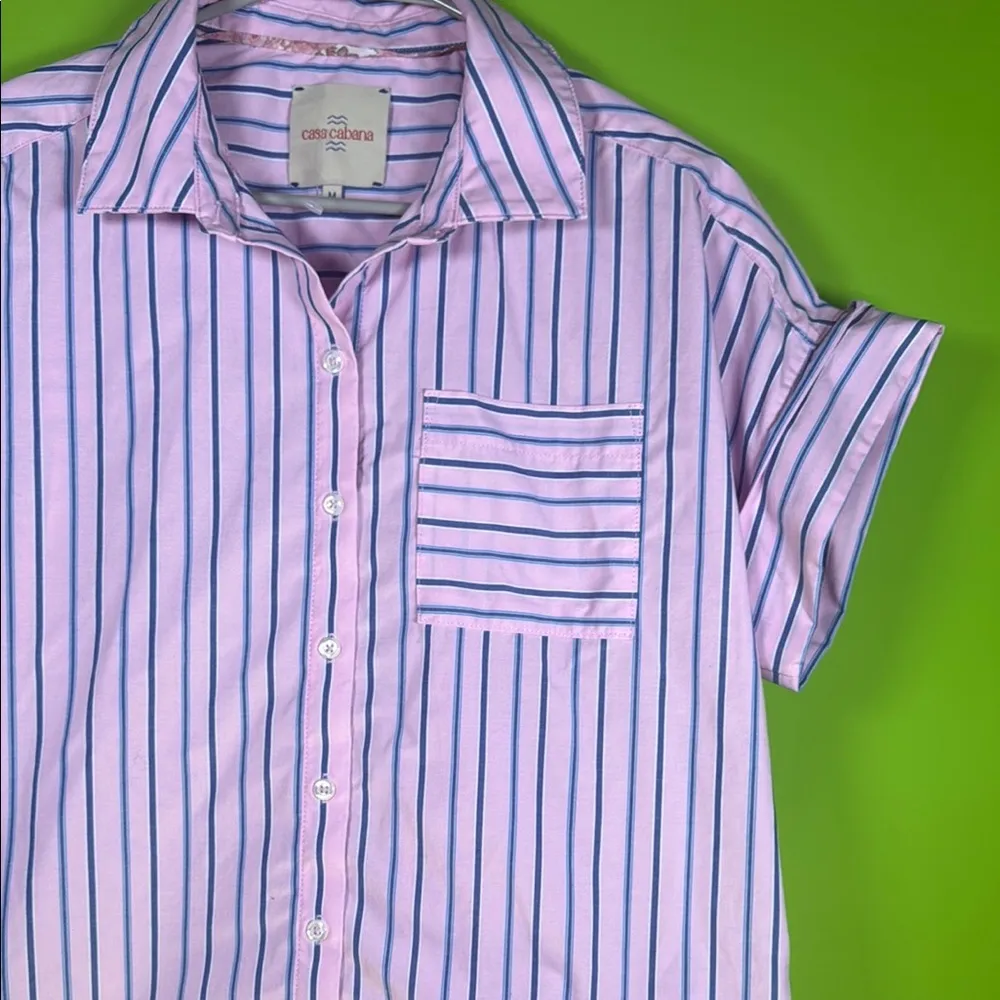 Elegant Pink and Blue Striped Midi blouse Size M - Image 3