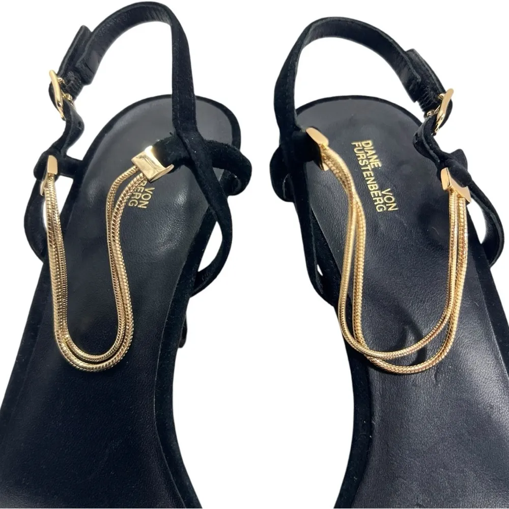 Diane von Furstenberg Frankie Black
Suede Gold Chain Accents Slingback Heels - Image 5