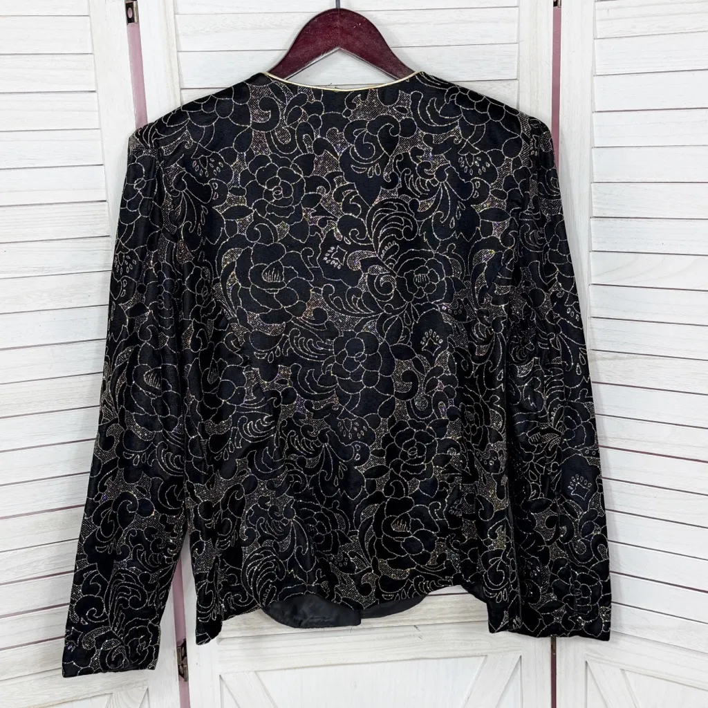 Vintage 80s R&K‎ Evening Floral Glitter Velvet Blazer Jacket Black Gold 14 - Image 8