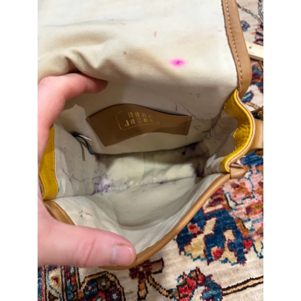 Marc Jacobs Yellow Leather Crossbody Bag Logo Flap Small Messenger Strap flaw - Image 9