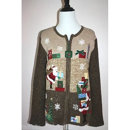 Xmas Sweater Top Women L 12 14 Santa Claus Beaded Sequin 3D Ugly Holiday Teacher Brown Size L - Image 4