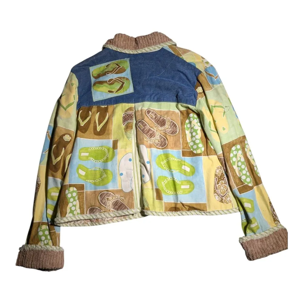 Vtg Y2K Handmade Blue Beige Beach Flip Flop Themed Corduroy Trim Cotton Jacket L Tan Size L - Image 2