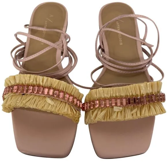 Anthropologie Embellished Tie Up Pink/Rose Raffia Square Toe Sandals New in Box‎ - Image 3