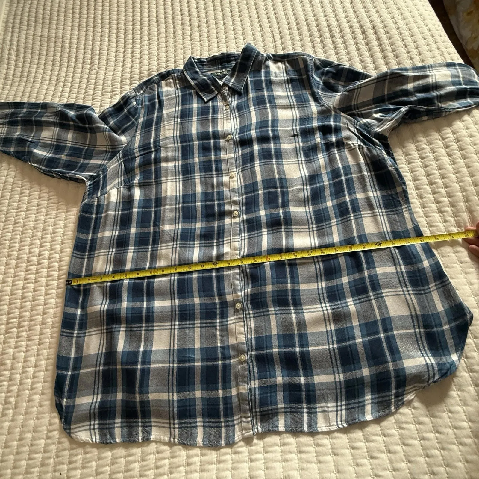 Lauren Ralph Lauren Button Up Collared Flannel Shirt Blue White Plaid Sz 3X - Image 5