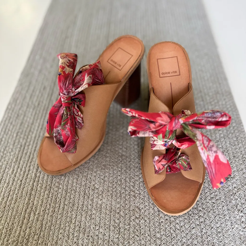 Dolce Vita Aleeya Red Floral Scarf Tie Leather Block Heel Peep Toe Sandals 8.5 - Image 6