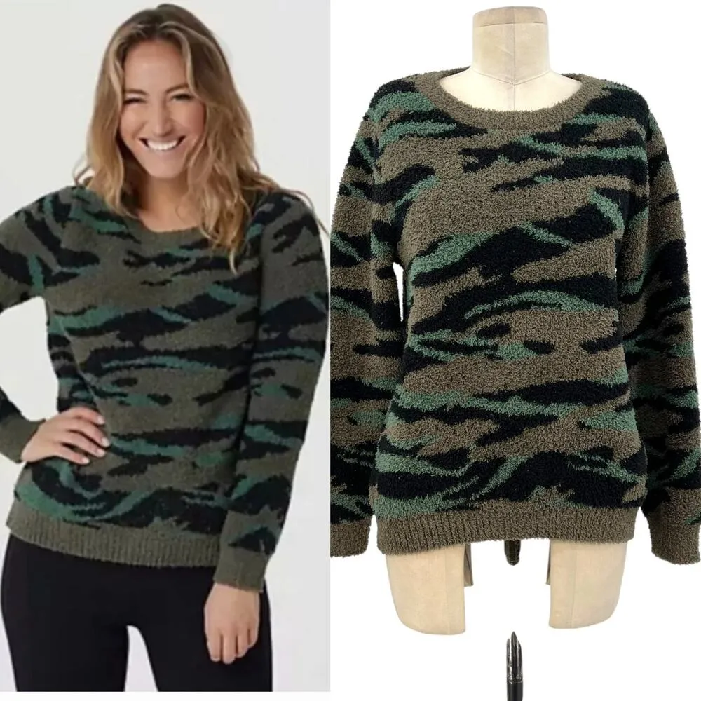 Barefoot Dreams CozyChic‎ Seaside Crew Neck Pullover Sweater Green Camo Small - Image 2